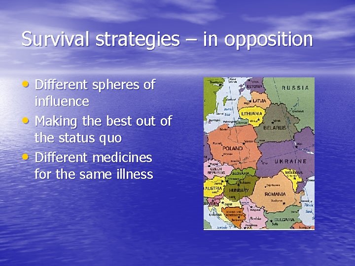 Survival strategies – in opposition • Different spheres of • • influence Making the