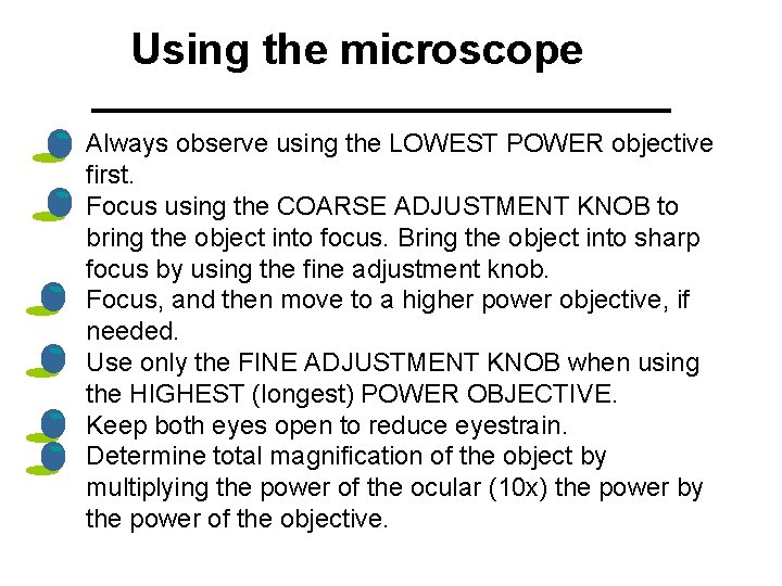 Using the microscope • • • Always observe using the LOWEST POWER objective first.