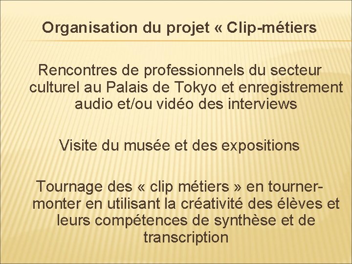 Organisation du projet « Clip-métiers Rencontres de professionnels du secteur culturel au Palais de