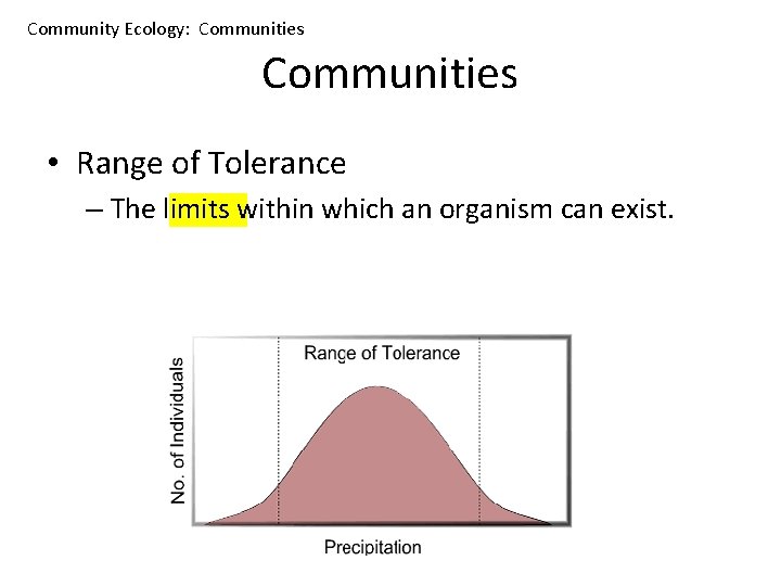Community Ecology: Communities • Range of Tolerance – The limits within which an organism