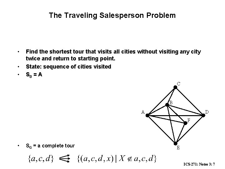 The Traveling Salesperson Problem • • • Find the shortest tour that visits all