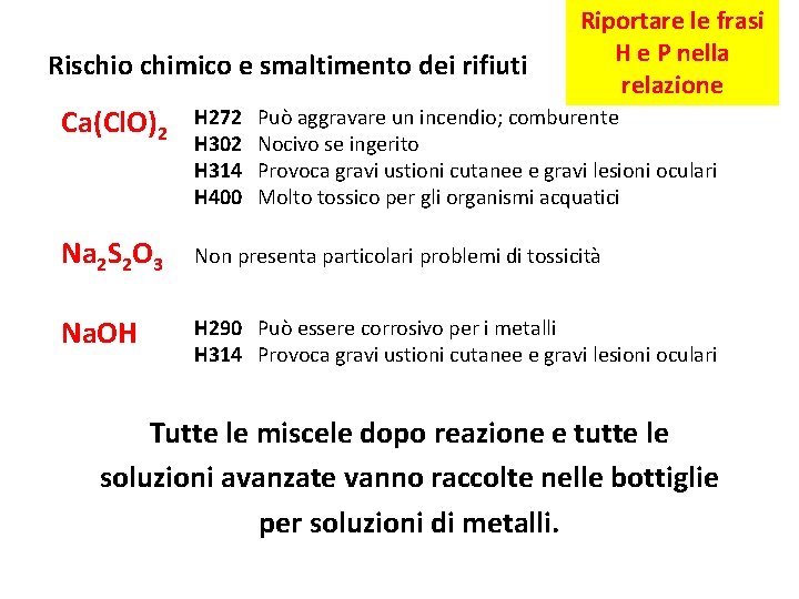 Rischio chimico e smaltimento dei rifiuti Riportare le frasi H e P nella relazione