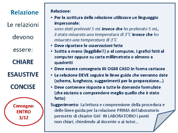 Relazione Le relazioni devono essere: CHIARE ESAUSTIVE CONCISE Consegna: ENTRO 3/12 Relazione: • Per