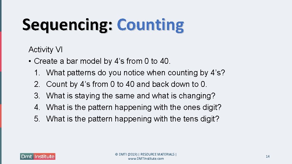 Sequencing: Counting Activity VI • Create a bar model by 4’s from 0 to