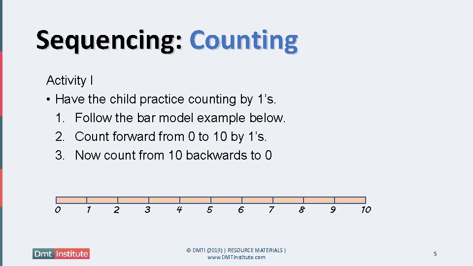 Sequencing: Counting Activity I • Have the child practice counting by 1’s. 1. Follow