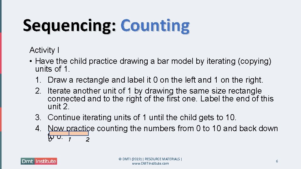 Sequencing: Counting Activity I • Have the child practice drawing a bar model by