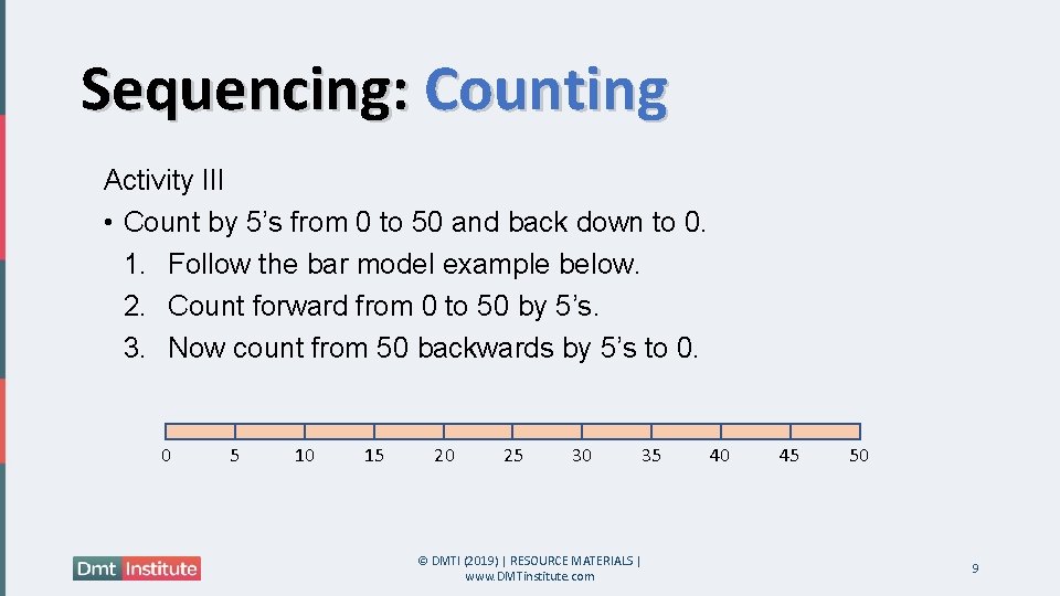 Sequencing: Counting Activity III • Count by 5’s from 0 to 50 and back