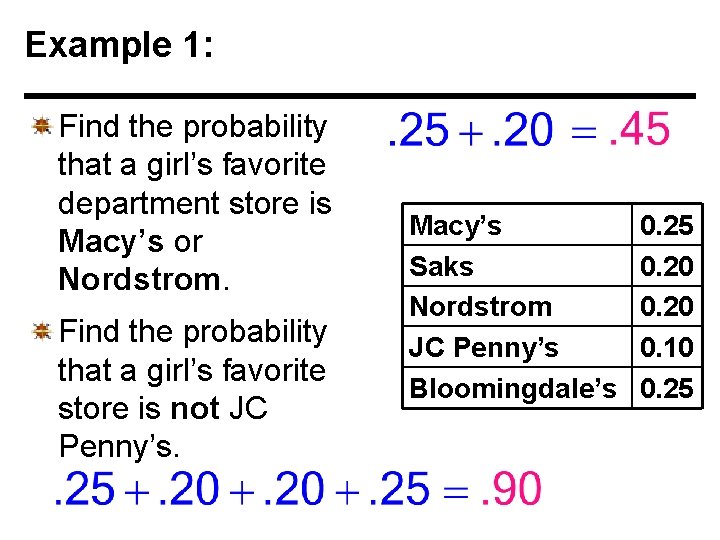 Example 1: Find the probability that a girl’s favorite department store is Macy’s or