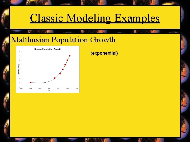 Classic Modeling Examples Malthusian Population Growth (exponential) 