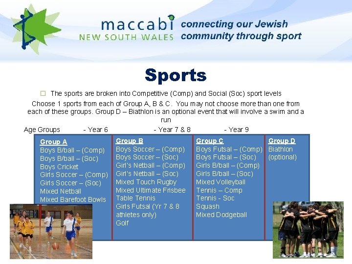 Sports � The sports are broken into Competitive (Comp) and Social (Soc) sport levels