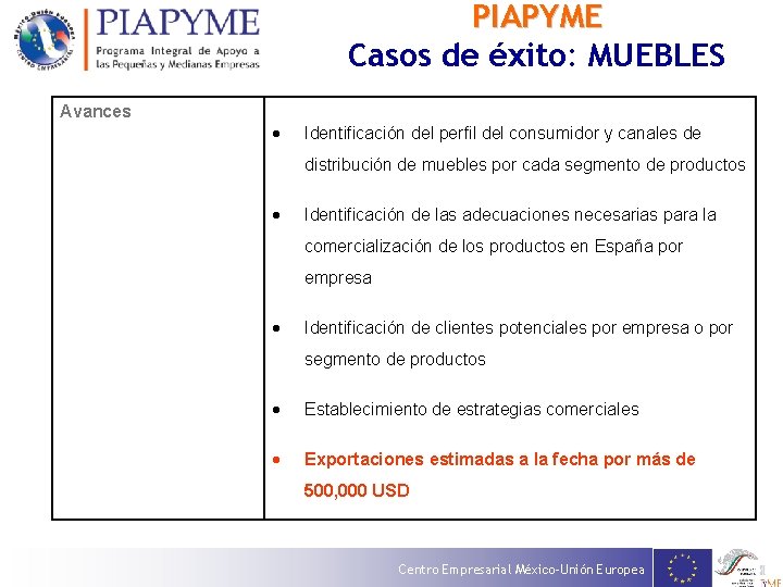 PIAPYME Casos de éxito: MUEBLES Avances Identificación del perfil del consumidor y canales de