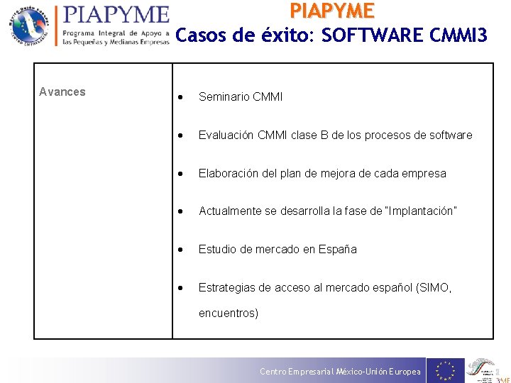 PIAPYME Casos de éxito: SOFTWARE CMMI 3 Avances Seminario CMMI Evaluación CMMI clase B