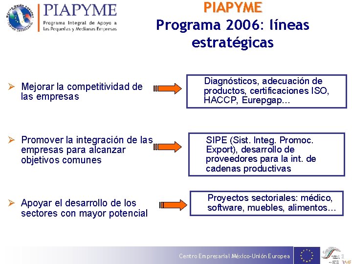 PIAPYME Programa 2006: líneas estratégicas Ø Mejorar la competitividad de las empresas Diagnósticos, adecuación