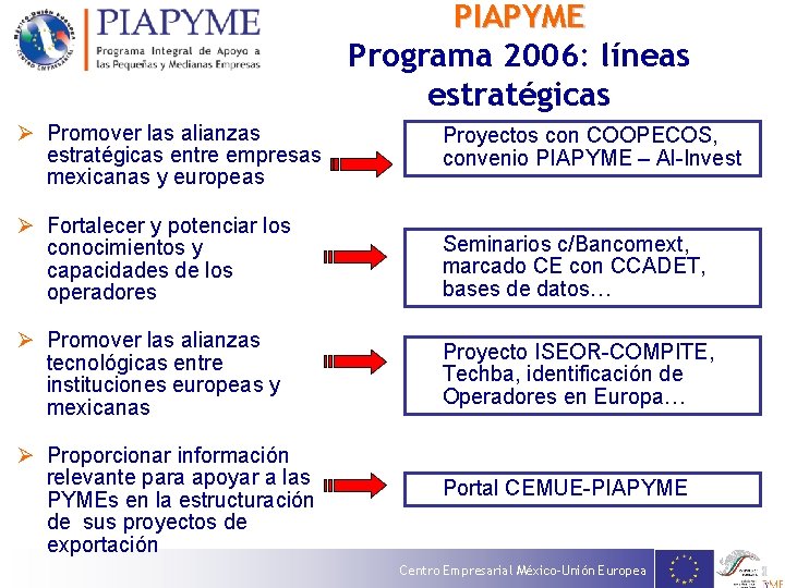 PIAPYME Programa 2006: líneas estratégicas Ø Promover las alianzas estratégicas entre empresas mexicanas y