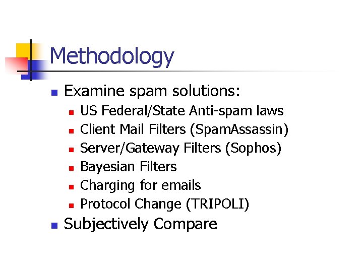 Methodology n Examine spam solutions: n n n n US Federal/State Anti-spam laws Client