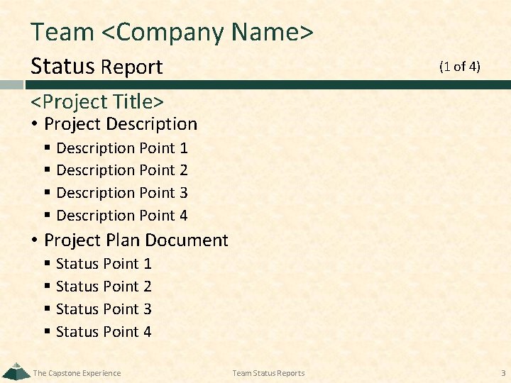 Team <Company Name> Status Report (1 of 4) <Project Title> • Project Description §