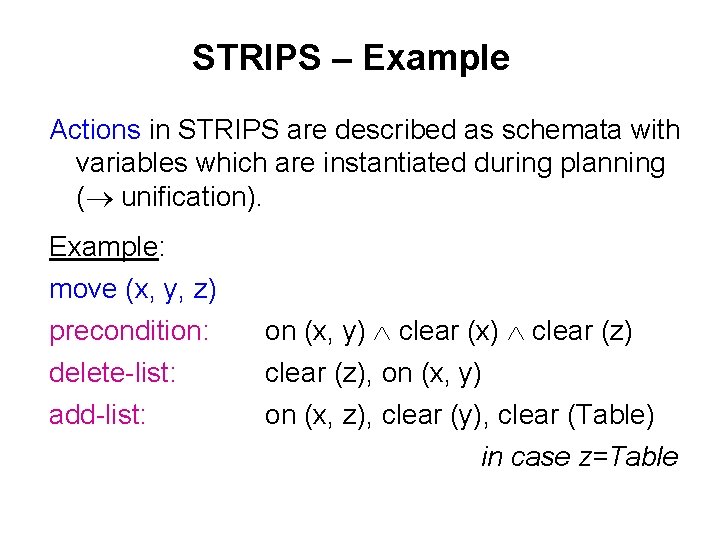 STRIPS – Example Actions in STRIPS are described as schemata with variables which are