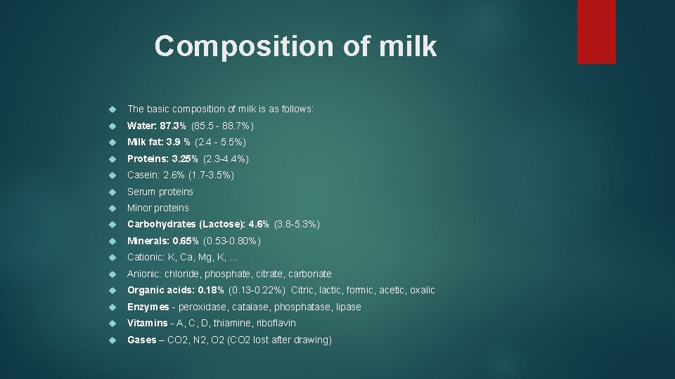 Composition of milk The basic composition of milk is as follows: Water: 87. 3%