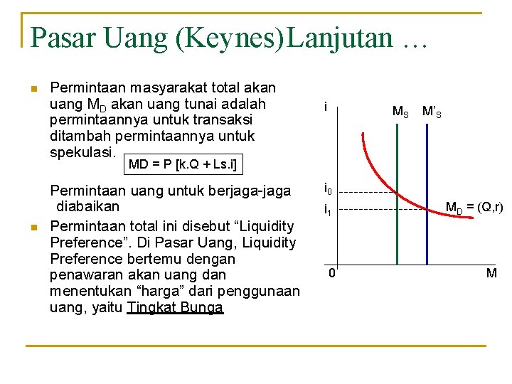 Pasar Uang (Keynes)Lanjutan … n Permintaan masyarakat total akan uang MD akan uang tunai