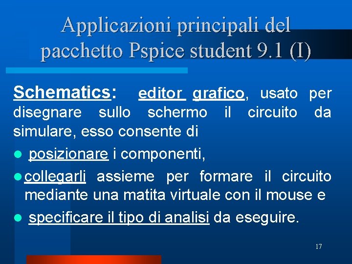 Applicazioni principali del pacchetto Pspice student 9. 1 (I) Schematics: editor grafico, usato per