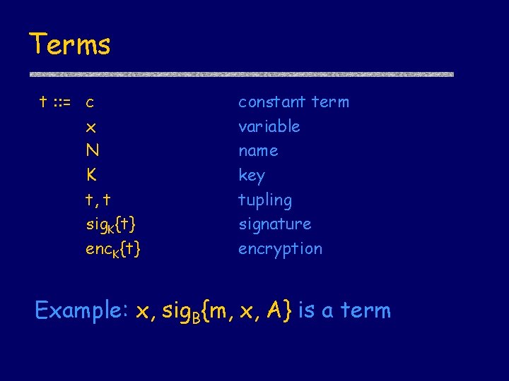 Terms t : : = c x N K t, t sig. K{t} enc.