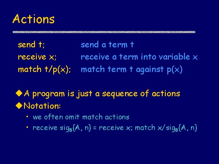 Actions send t; receive x; match t/p(x); send a term t receive a term