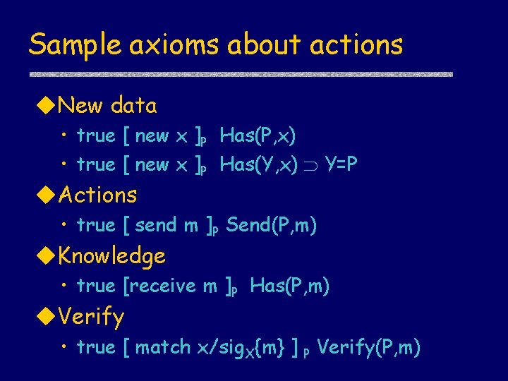 Sample axioms about actions u. New data • true [ new x ]P Has(P,