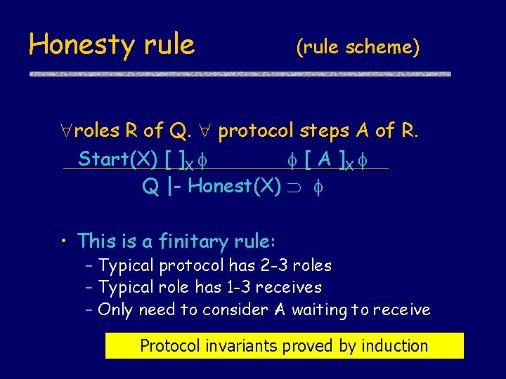 Honesty rule (rule scheme) roles R of Q. protocol steps A of R. Start(X)