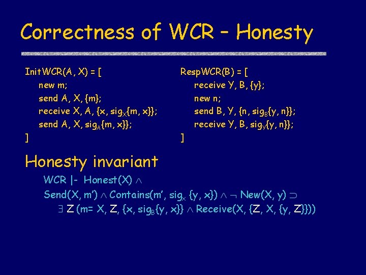 Correctness of WCR – Honesty Init. WCR(A, X) = [ new m; send A,