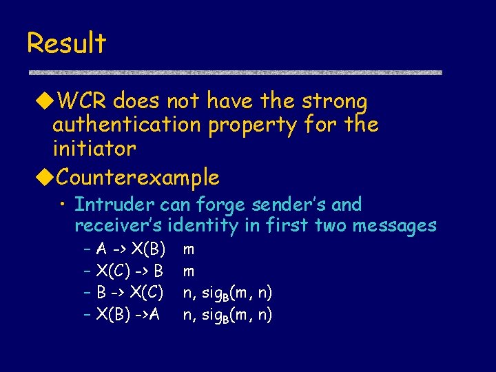 Result u. WCR does not have the strong authentication property for the initiator u.