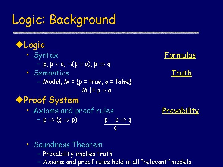 Logic: Background u. Logic • Syntax Formulas – p, p q, (p q), p