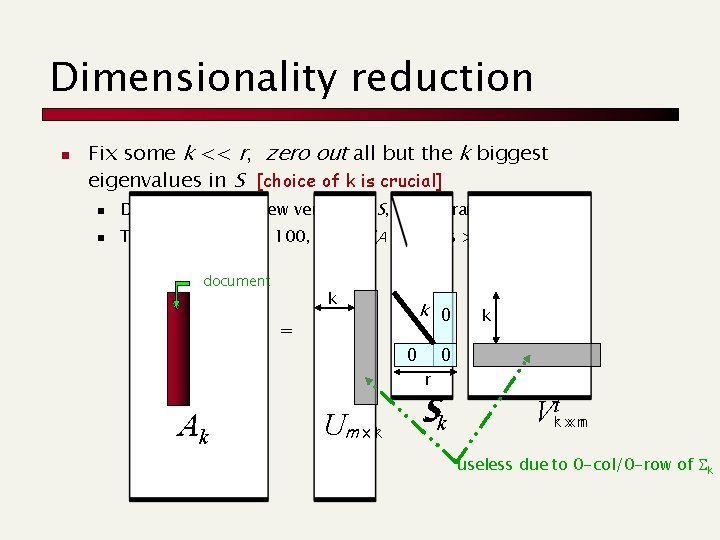 Dimensionality reduction n Fix some k << r, zero out all but the k