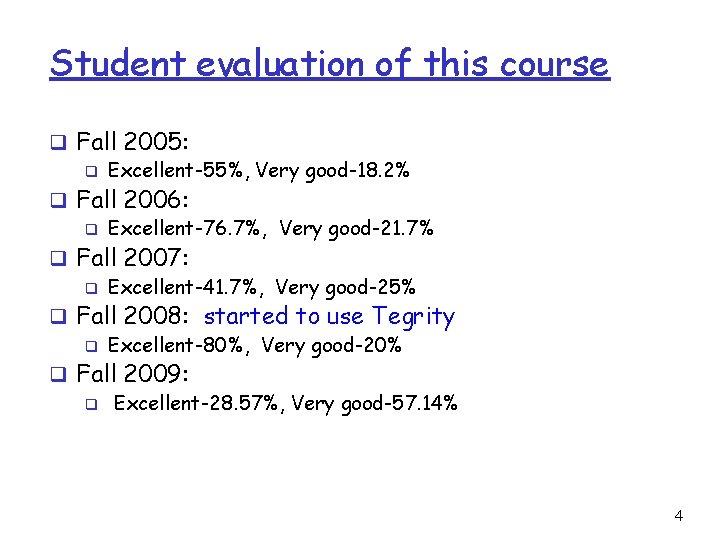 Student evaluation of this course q Fall 2005: q Excellent-55%, Very good-18. 2% q