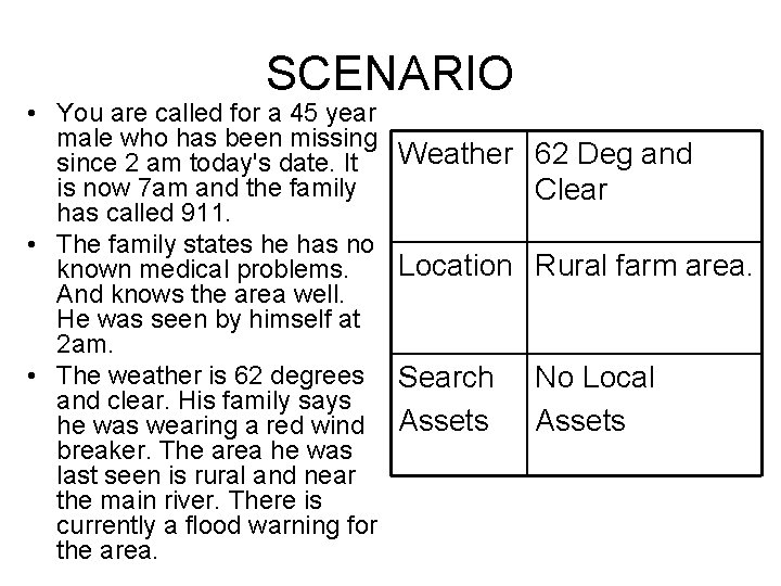 SCENARIO • You are called for a 45 year male who has been missing