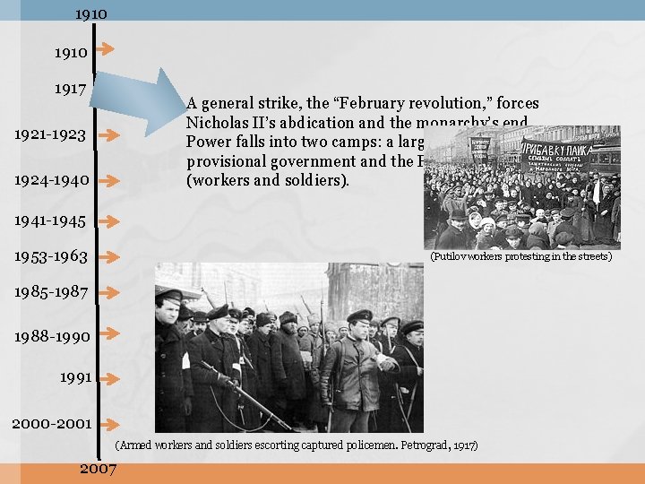 1910 1917 A general strike, the “February revolution, ” forces Nicholas II’s abdication and