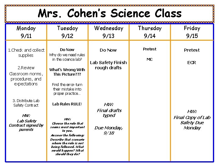 Mrs. Cohen’s Science Class Monday 9/11 Tuesday 9/12 Wednesday 9/13 Thursday 9/14 Friday 9/15