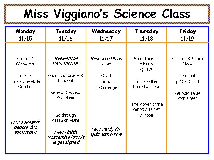 Miss Viggiano’s Science Class Monday 11/15 Tuesday 11/16 Wednesday 11/17 Thursday 11/18 Friday 11/19