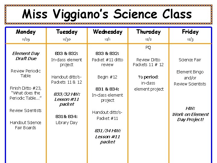 Miss Viggiano’s Science Class Monday 11/29 Tuesday 11/30 Wednesday 12/1 Thursday 12/2 Friday 12/3