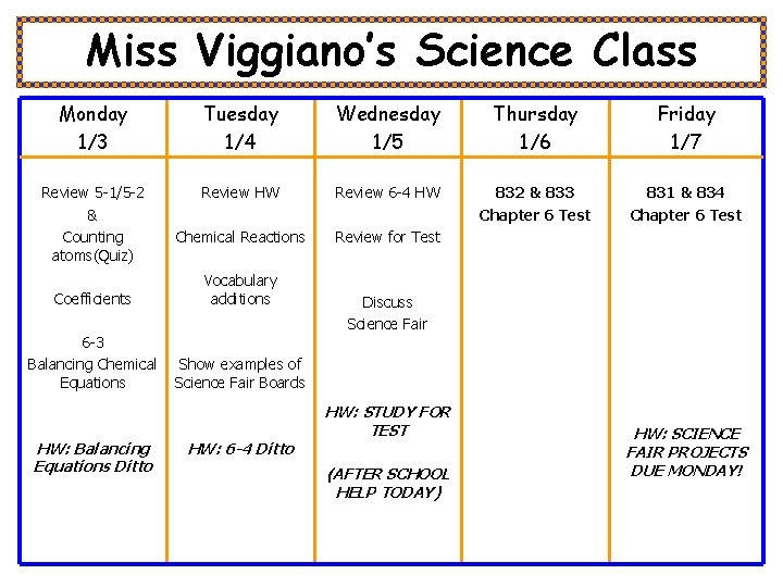 Miss Viggiano’s Science Class Monday 1/3 Tuesday 1/4 Wednesday 1/5 Thursday 1/6 Friday 1/7