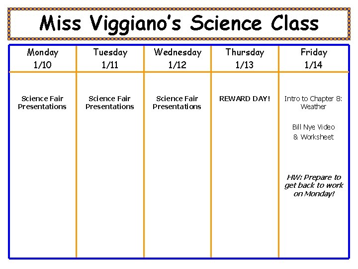 Miss Viggiano’s Science Class Monday 1/10 Tuesday 1/11 Wednesday 1/12 Thursday 1/13 Friday 1/14