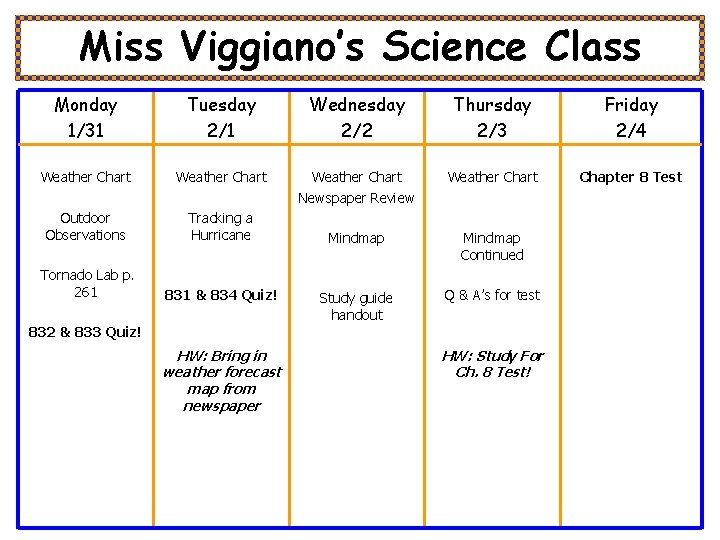 Miss Viggiano’s Science Class Monday 1/31 Tuesday 2/1 Wednesday 2/2 Thursday 2/3 Friday 2/4