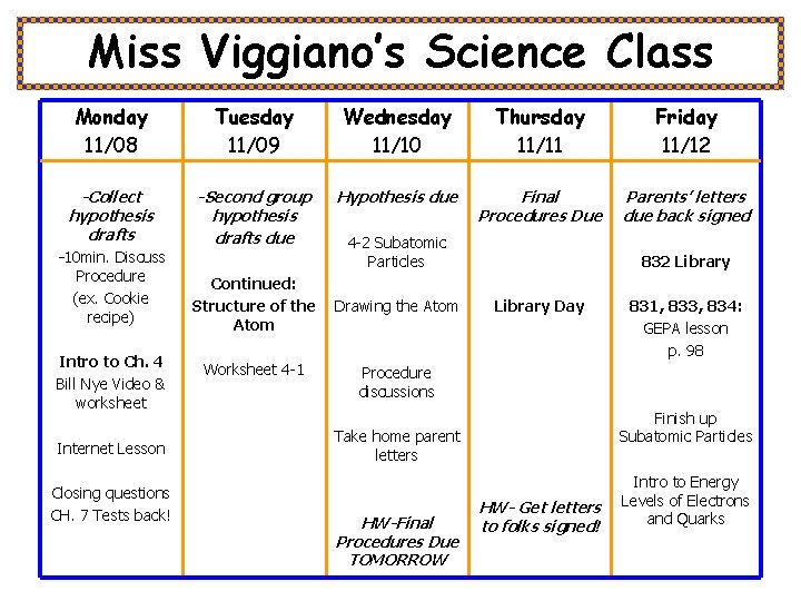 Miss Viggiano’s Science Class Monday 11/08 Tuesday 11/09 Wednesday 11/10 Thursday 11/11 Friday 11/12