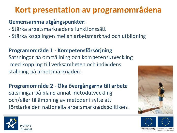 Kort presentation av programområdena Gemensamma utgångspunkter: - Stärka arbetsmarknadens funktionssätt - Stärka kopplingen mellan