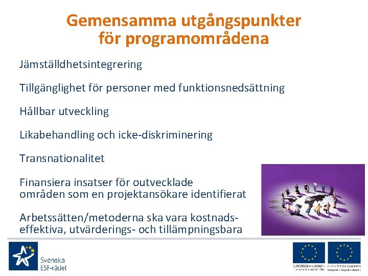 Gemensamma utgångspunkter för programområdena Jämställdhetsintegrering Tillgänglighet för personer med funktionsnedsättning Hållbar utveckling Likabehandling och