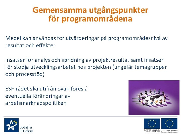 Gemensamma utgångspunkter för programområdena Medel kan användas för utvärderingar på programområdesnivå av resultat och