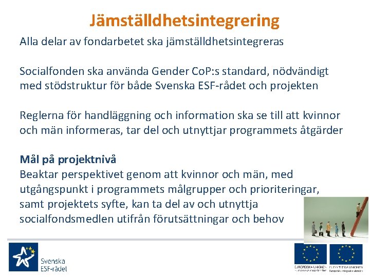 Jämställdhetsintegrering Alla delar av fondarbetet ska jämställdhetsintegreras Socialfonden ska använda Gender Co. P: s