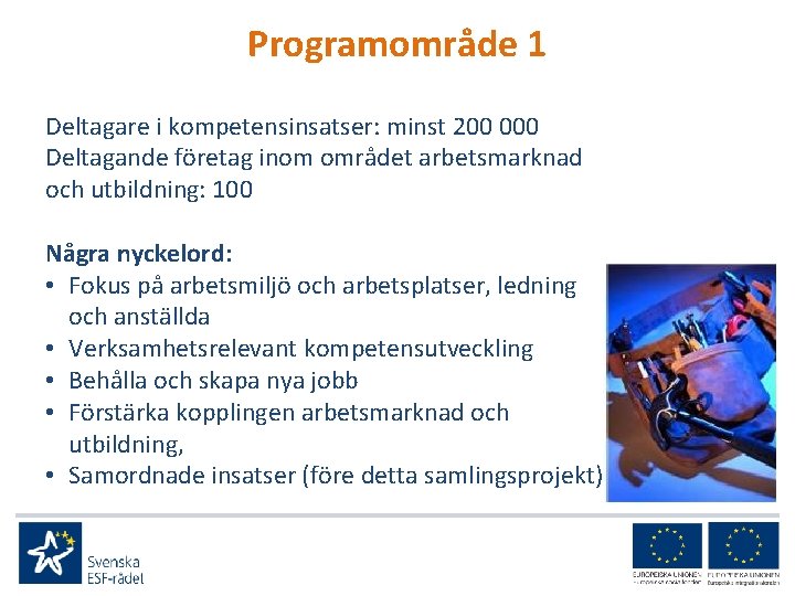 Programområde 1 Deltagare i kompetensinsatser: minst 200 000 Deltagande företag inom området arbetsmarknad och