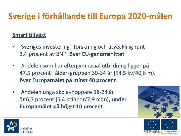Sverige i förhållande till Europa 2020 -målen Smart tillväxt • Sveriges investering i forskning
