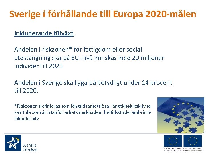 Sverige i förhållande till Europa 2020 -målen Inkluderande tillväxt Andelen i riskzonen* för fattigdom