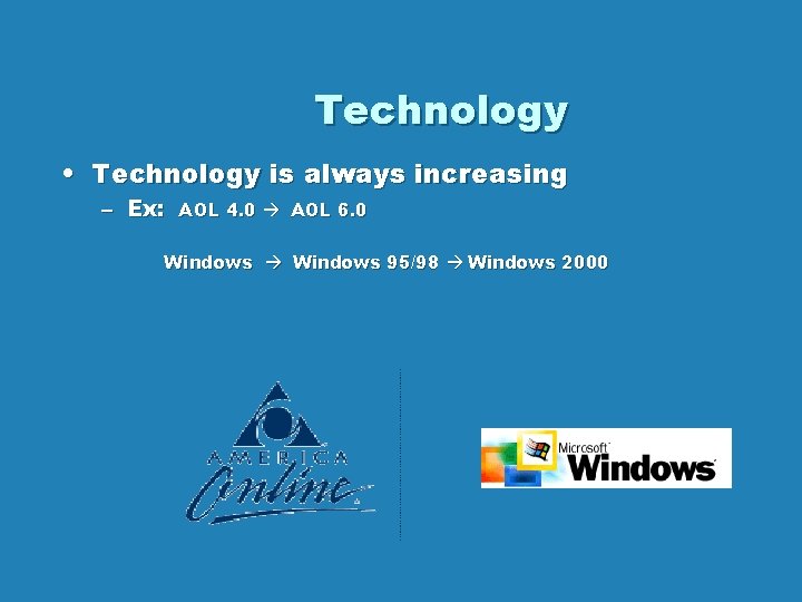Technology • Technology is always increasing – Ex: AOL 4. 0 AOL 6. 0